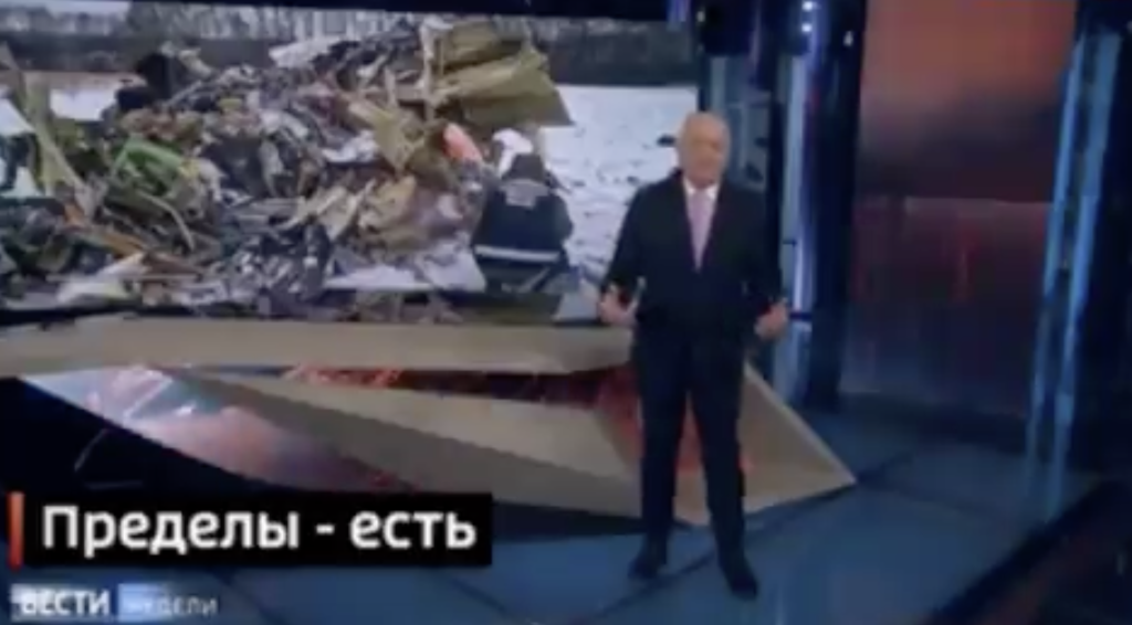 Prezenter rosyjskiej telewizji Dmitry Kiselyov twierdzi, że Rosja może z łatwością zaatakować podrzeszowskie lotnisko. (źródło:.x.com @NOELreports screen) 