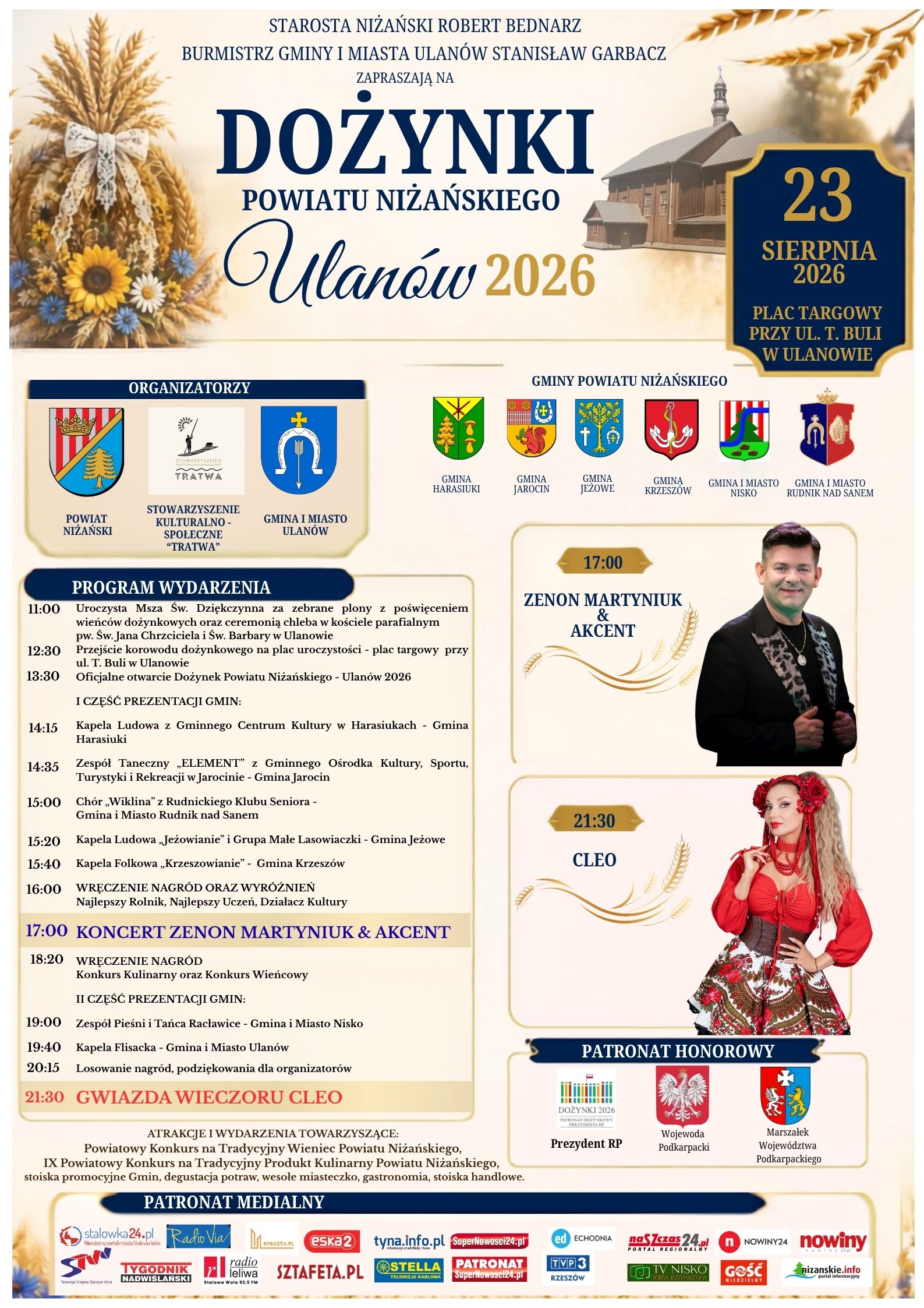 Już w niedzielę Dożynki Powiatu Niżańskiego Ulanów. Wystąpią Zenon Martyniuk i Cleo!