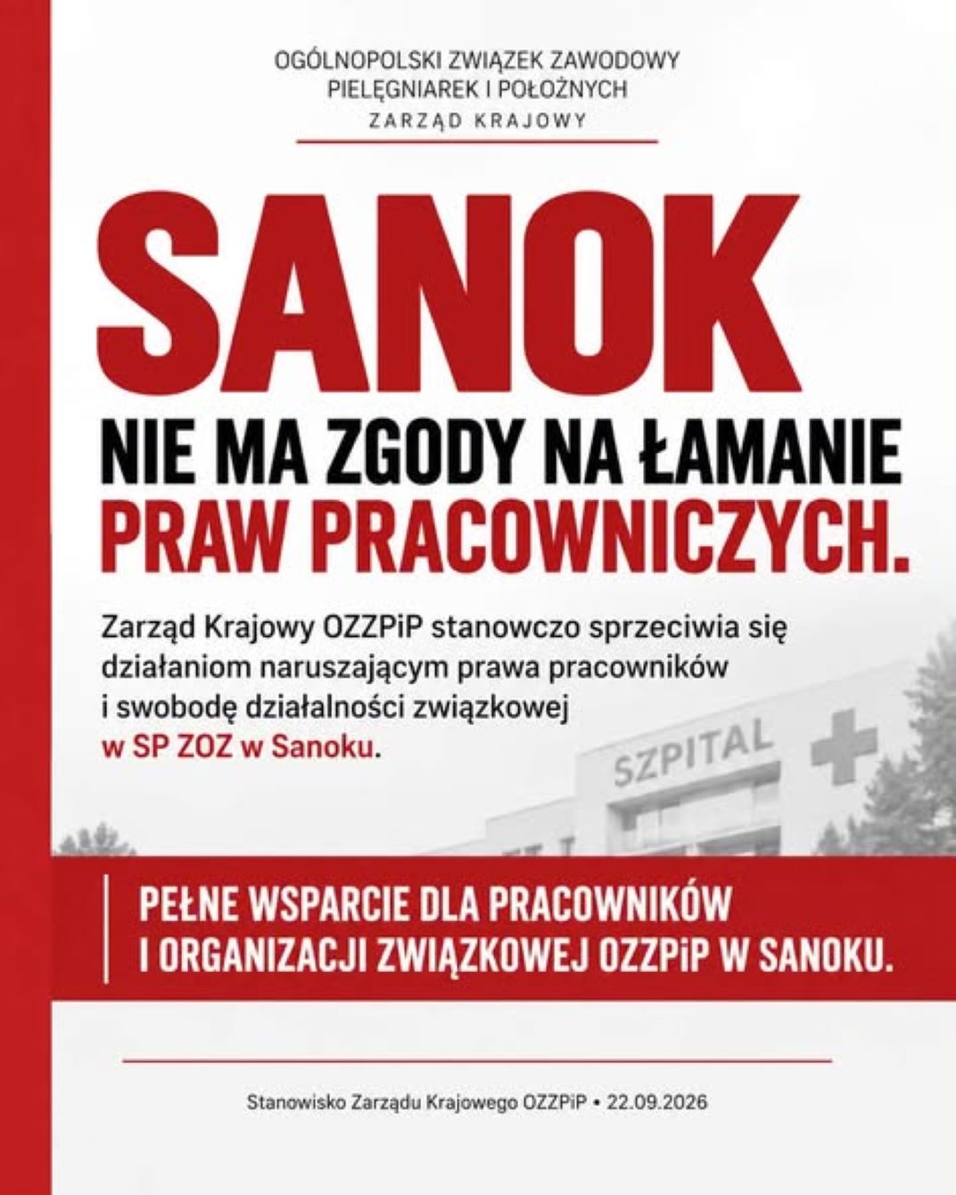 Co się dzieje w sanockim szpitalu? Krajowe struktury Związku Zawodowego Pielęgniarek i Położnych murem za swoimi!